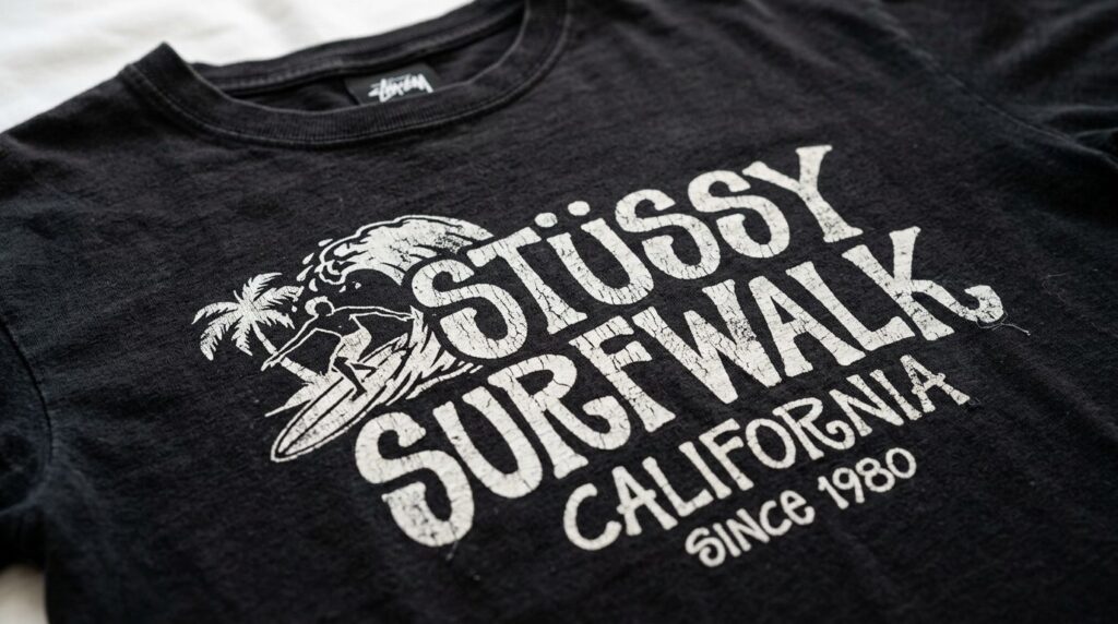 Detaljeoptagelse af sort Stussy Surfwalk t-shirts pigmentfarvning.