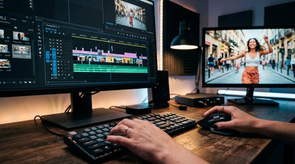 Close-up of professional video editors hands on keyboard an