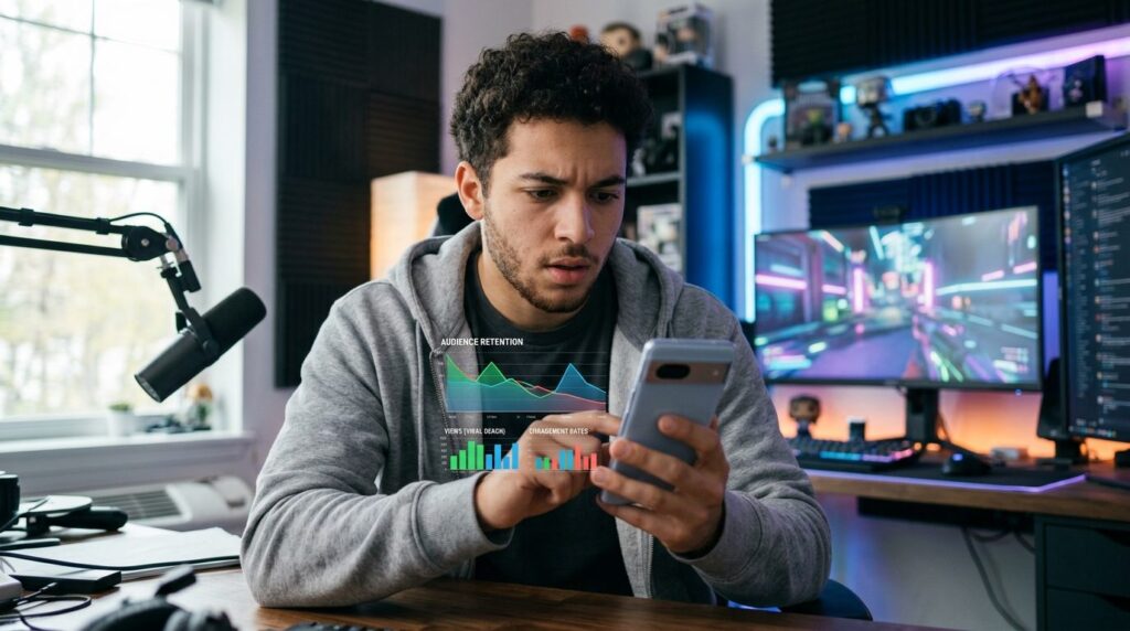 Young professional content creator reviewing mobile phone sc
